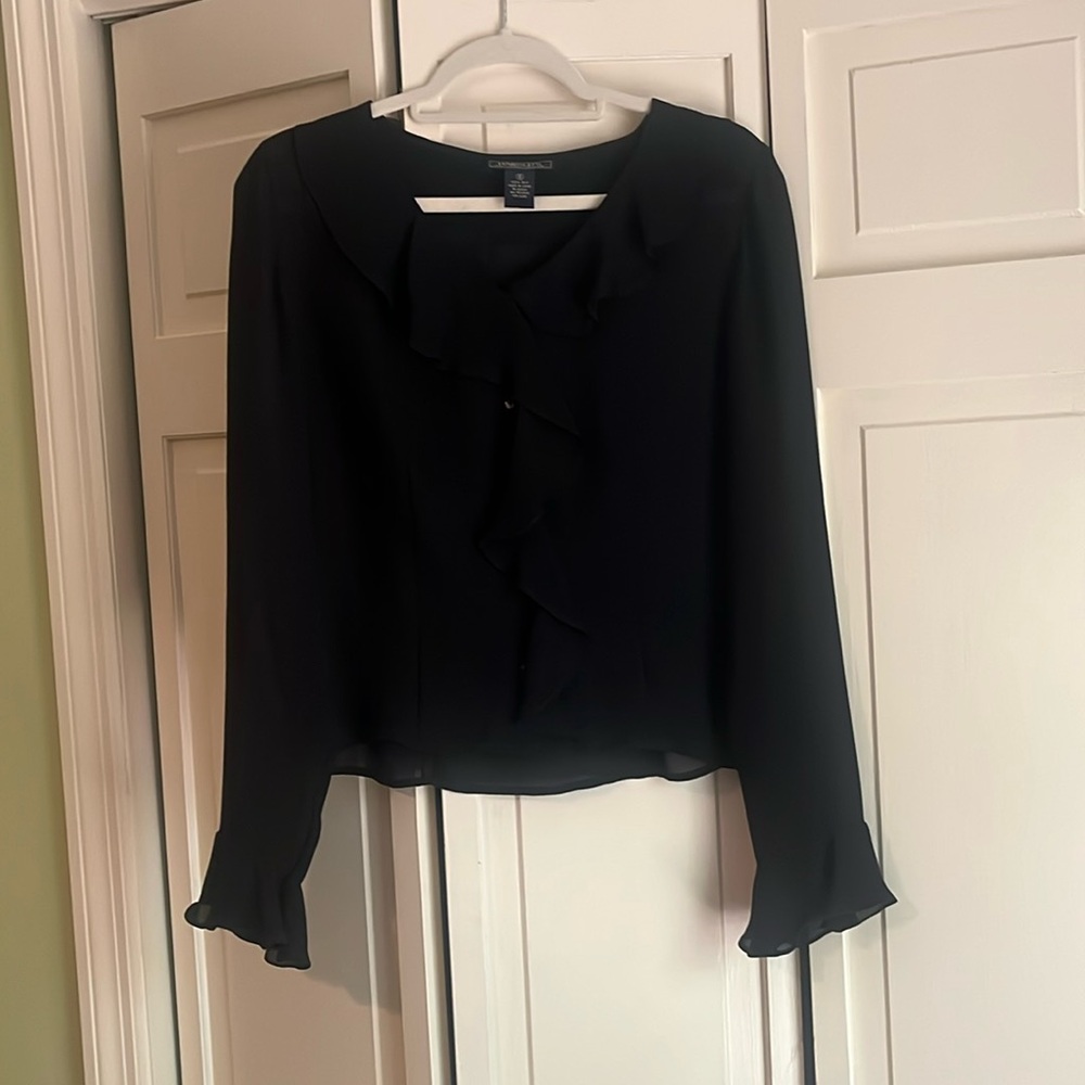 Vintage 100% silk size 8, Harold’s black long-sleeve blouse